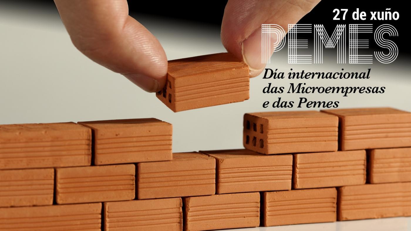 Man colocando ladrillos co texto "Día Internacional das Pemes"