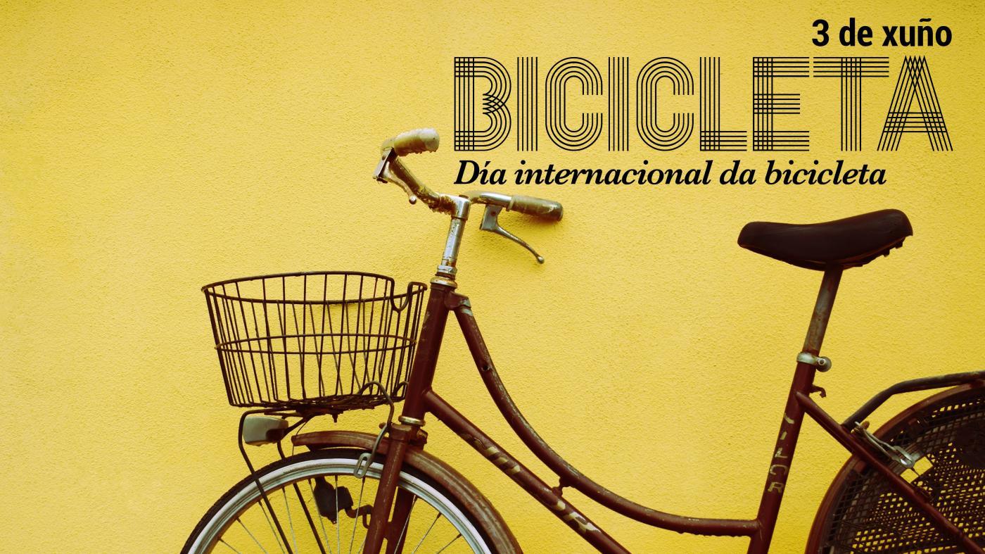 Bicicleta sobre fondo amarelo co texto Día Internacionald a Bicicleta