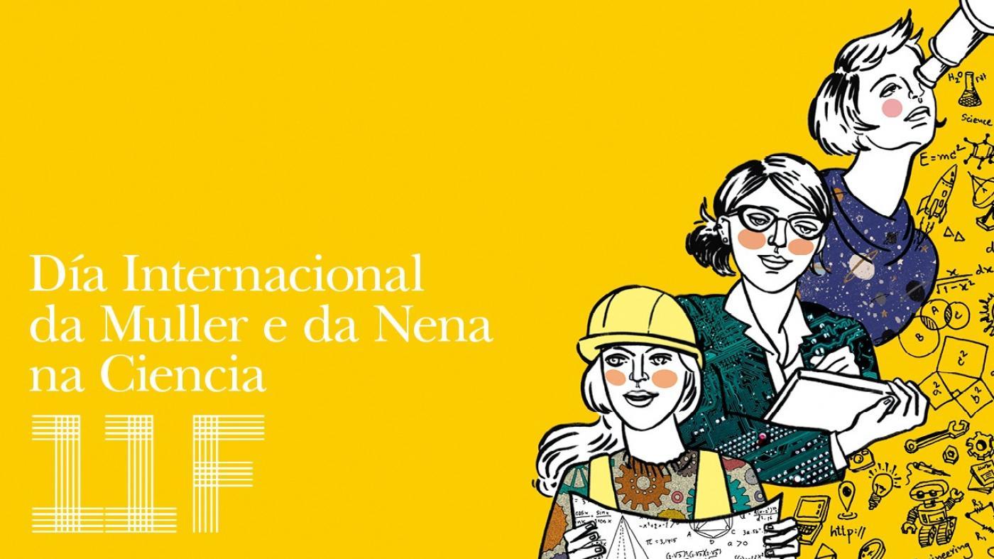 Cartel amarelo do Día da Muller e da Nena na Ciencia 2021