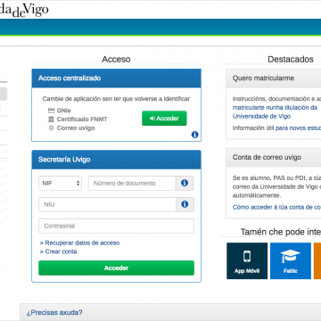 Pantalla inicio Secretaría UVigo